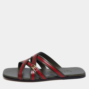 Gucci | Gucci Green/Red Leather Interlocking G Cross Strap Slide Flats Size 41.5商品图片,满1件减$100, 满减