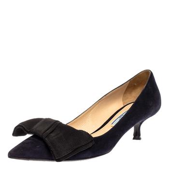 [二手商品] Prada | Prada Navy Blue Suede Bow Embellished Pointed Toe Pumps Size 36商品图片,2.8折