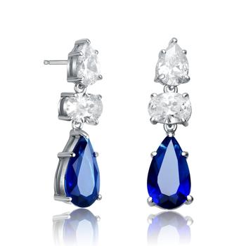 商品Sterling Silver Rhodium Plated With Blue Pear And Clear Oval Cubic Zirconia Drop Earrings图片
