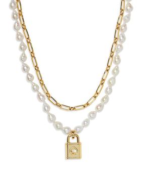 kate spade项链, Kate Spade | Lock And Spade Padlock Charm Paperclip Link & Freshwater Pearl Layered Pendant Necklace in Gold Tone, 17"-20"商品图片 7折