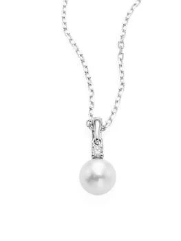 推荐18K White Gold, 6MM White Cultured Akoya Pearl & Diamond Pendant Necklace商品