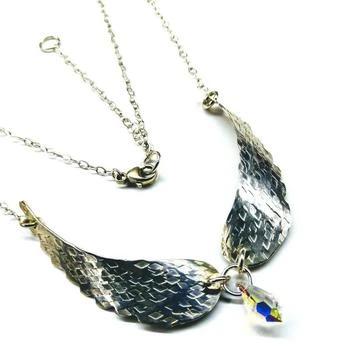Alexa Martha Designs | Silver Sculpted Angel Wings Crystal Drop Necklace,商家Verishop,价格¥653