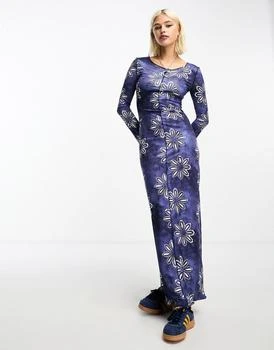 Daisy Street | Daisy Street maxi long sleeve fitted dress in blue batik print 独家减免邮费