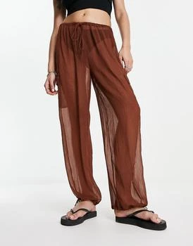 AsYou | ASYOU sheer crinkle trouser with ruched cuff in chocolate 4.6折