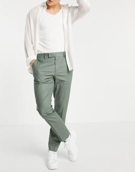 推荐ASOS DESIGN skinny ankle grazer smart trouser with belt in green linen mix商品