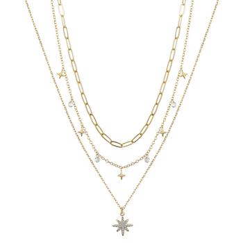 Unwritten | 14K Gold Flash Plated Brass Crystal Star Pendant, Cubic Zirconia and Multi Star Charmed, 3-Piece Necklace Set商品图片,6折×额外8.5折, 额外八五折
