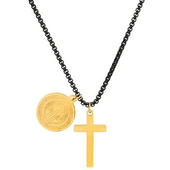 STEELTIME | Men's Black-Tone IP & 18k Gold-Plated Stainless Steel Cross and St. Benedict Religious 24" Pendant Necklace,商家Macy's,价格¥357