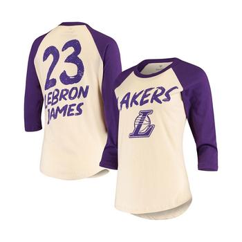 lakers衣服, Fanatics | Women's LeBron James Cream Los Angeles Lakers Raglan 3/4-Sleeve T-shirt商品图片 