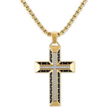 Esquire Men's Jewelry | Diamond Cross 22" Pendant Necklace in Gold Tone Ion-Plated Stainless Steel & Black Carbon Fiber, Created for Macy's (Also in Black Ion Plated Stainless Steel)商品图片,6折
