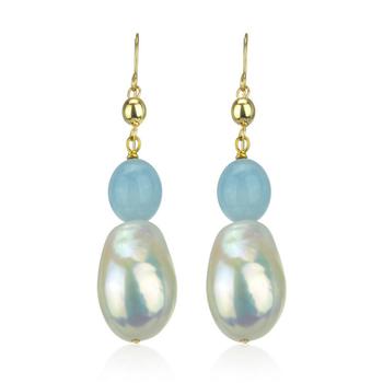Macy's | White Freshwater Cultured Pearl (11-14mm) and Blue Aquamarine (9 1/ 2 ct. t.w) Dangle Earrings in 14k Yellow Gold商品图片,