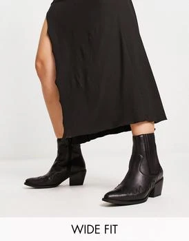 推荐London Rebel Leather Wide Fit western ankle boot in black商品