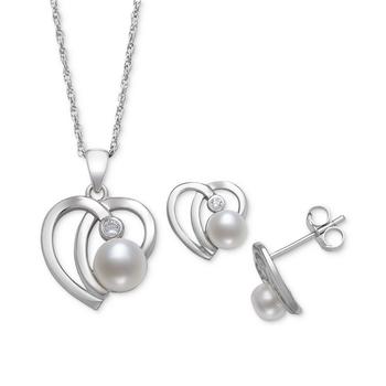 推荐2-Pc. Set Cultured Freshwater Button Pearl (6mm) & Cubic Zirconia Heart Pendant Necklace & Matching Stud Earrings in Sterling Silver商品