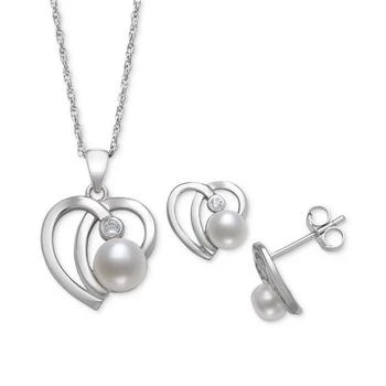 Belle de Mer | 2-Pc. Set Cultured Freshwater Button Pearl (6mm) & Cubic Zirconia Heart Pendant Necklace & Matching Stud Earrings in Sterling Silver 独家减免邮费