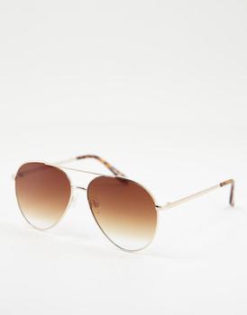 推荐ASOS DESIGN metal aviator sunglasses in gold with brown lens商品