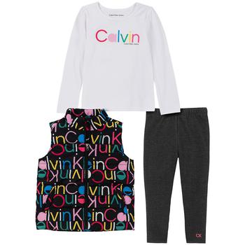 Calvin Klein | Little Girls Multi Logo Puffer Vest, Logo T-shirt and Triblend Knit Leggings, 3 Piece Set商品图片,