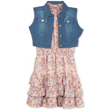 商品Rare Editions | Big Girls Floral Chiffon Tiered Dress & Denim Vest,商家Macy's,价格¥523图片