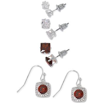 Macy's | 4-Pc. Set Cubic Zirconia Square Stud & Drop Earrings in Silver Plate商品图片,2.4折