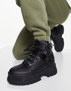 ASOS | ASOS DESIGN lace up boots in black faux leather with chunky sole商品图片,6折