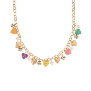 商品Gold-Tone Mixed Stone Valentine Heart Charm Statement Necklace, 18" + 3" extender, Created for Macy's图片