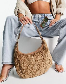 asos腋下包, ASOS | ASOS DESIGN curved slouchy shoulder bag in camel borg商品图片 4.7折