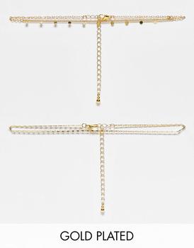 ASOS | ASOS DESIGN 14k gold plated pack of 2 choker necklaces with disc design商品图片,