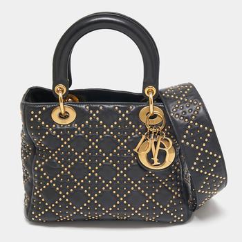 迪奥托特包, [二手商品] Dior | Dior Black Studded Leather Medium Supple Lady Dior Tote商品图片 