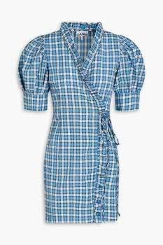 推荐Checked cotton-blend seersucker mini wrap dress商品