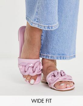ASOS | ASOS DESIGN Wide Fit Fife flat mules with chain in pink商品图片,8.1折