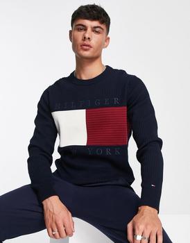 推荐Tommy Hilfiger large flag structure cotton blend knit jumper in navy商品