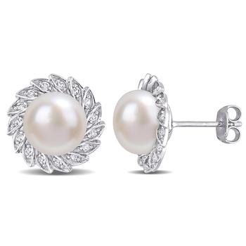 推荐Cultured Pearl and Lab-Created White Sapphire Earrings商品