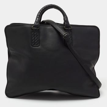 推荐Bottega Veneta Black Intrecciato Leather Middle Zip Briefcase商品