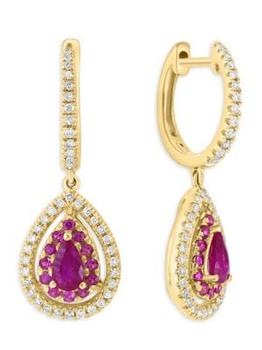 商品14K Yellow Gold, Diamond & Ruby Pear Drop Huggie Hoop Earrings图片