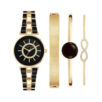 Anne Klein | Women's Gold-Tone Alloy Bracelet with Black Enamel and Crystal Accents Fashion Watch 34mm Set 4 Pieces商品图片,