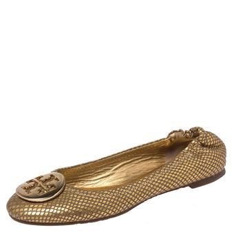 推荐Tory Burch Metallic Gold Snakeskin Effect Leather Minnie Scrunch Ballet Flats Size 37商品