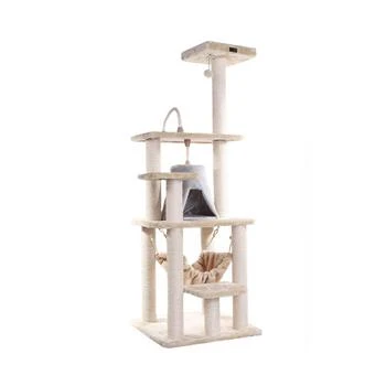 65" Real Wood Cat Tree With Rope, Hammock, Playhouse