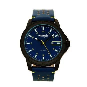 Wrangler | Men's, 48MM IP Black Case, Blue Dial, White Index Markers, Sand Satin Dial, Analog, Date Function, Yellow Second Hand, Blue Strap with Yellow Accent Stitch 