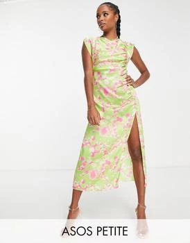 ASOS | ASOS DESIGN Petite ruched side button cap sleeve satin midi dress in green floral print 3.6折
