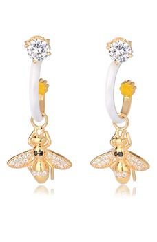 Gabi Rielle怎么样, Gabi Rielle | 14K Gold Plated Sterling Silver CZ Bee Charm White Enamel Hoop Drop Earrings商品图片 4.8折