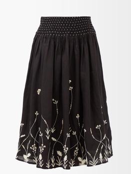 Thierry Colson | Verde floral-embroidered linen midi skirt商品图片,2.9折