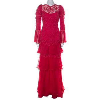 商品Tadashi Shoji Pink Chiffon & Lace Tiered Moreau Gown L图片