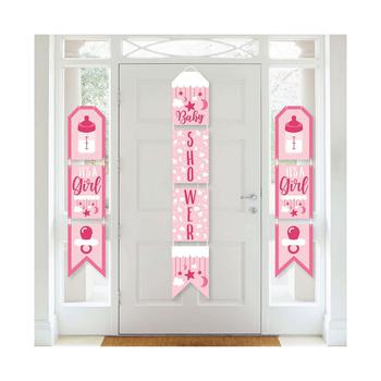 商品It's a Girl - Hanging Vertical Paper Door Banners - Pink Baby Shower Wall Decoration Kit - Indoor Door Decor图片