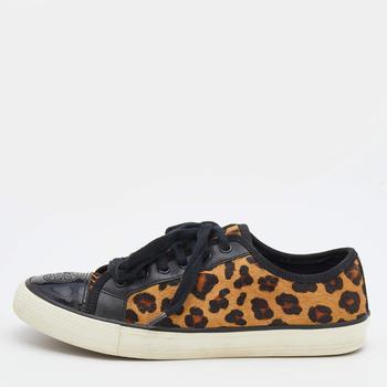 [二手商品] Tory Burch | Tory Burch Black/Brown Leopard Print Calf Hair And Leather Low Top Sneakers Size 38商品图片,