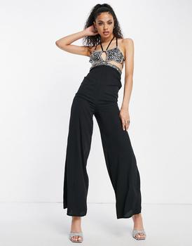 推荐Starlet star bra embellished wide leg jumpsuit in black商品