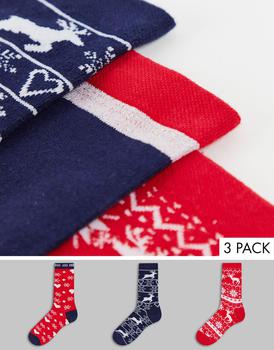 商品Threadbare 3 pack christmas fairisle socks in red and navy图片