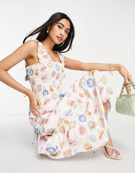 久光贴, Never Fully Dressed | Never Fully Dressed Fruit Sticker printed shirred maxi dress in multi商品图片 