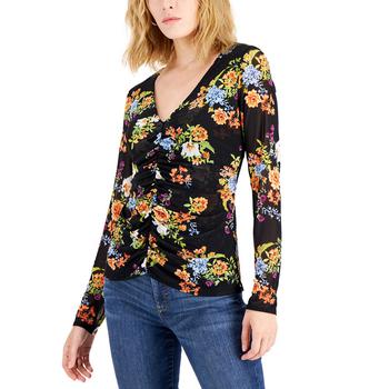 PRIVATE WHITE V.C., INC International | I.N.C. International Concepts® Women's Floral-Print Ruched-Center V-Neck Mesh Top, Created for Macy's商品图片 