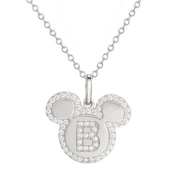 Disney | Mickey Mouse Cubic Zirconia Initial Pendant 18" Necklace in Sterling Silver商品图片,2.7折