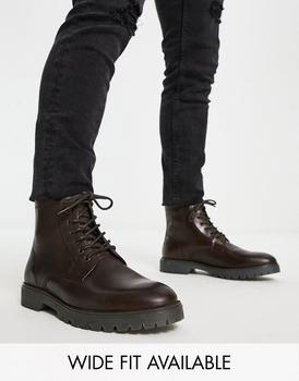 ASOS | ASOS DESIGN lace up boots in brown leather with chunky sole商品图片,8折
