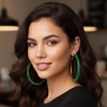 FASHNZFAB | Oversized Baguette Rhinestone Embellished Hoop Earrings - Emerald, Gold,商家Premium Outlets,价格¥147