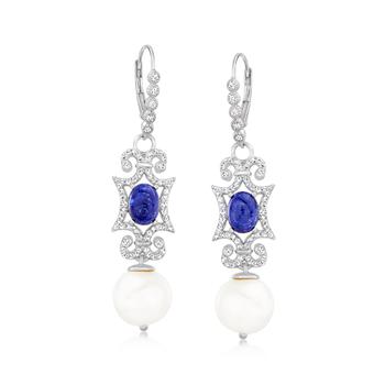 Ross-Simons | Ross-Simons 11-11.5mm Cultured Pearl, Lapis and . White Topaz Drop Earrings in Sterling Silver商品图片,7折